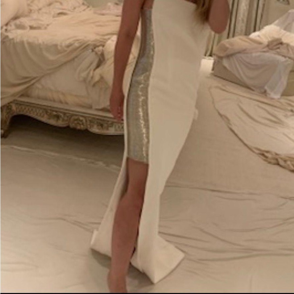 White Strapless Evening Gown with Silver Sequin Panel